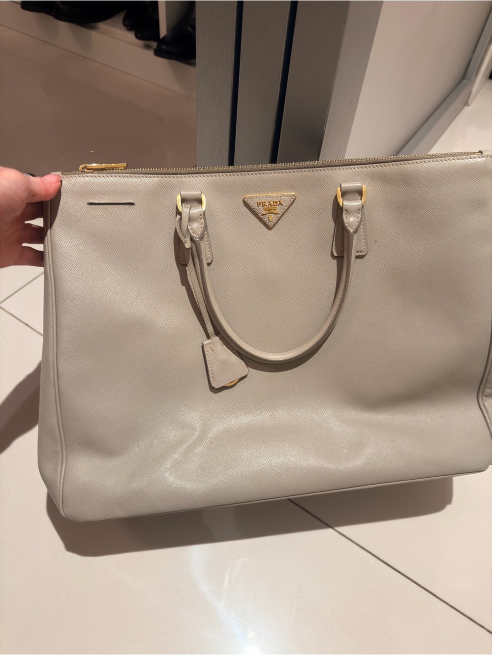 Prada Pale Beige Saffiano Tote with Gold Hardware
